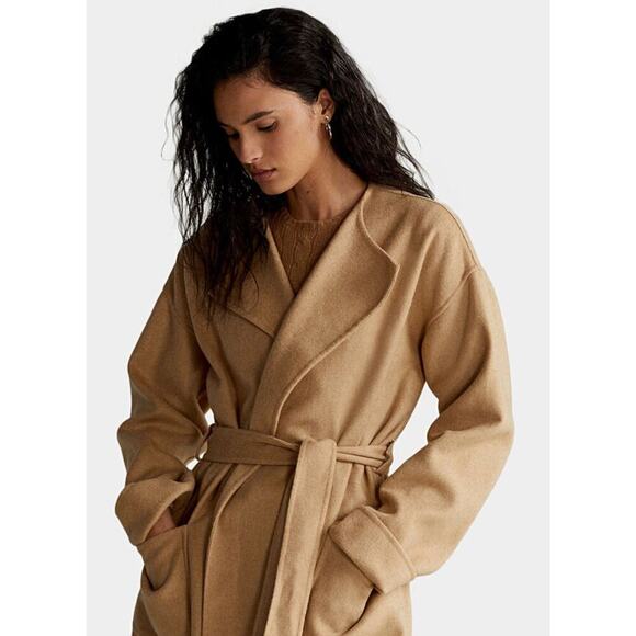 Ralph Lauren Belted Wrap Wool Long Coat Camel Women's L Double Face Pockets Tan - Picture 4 of 14